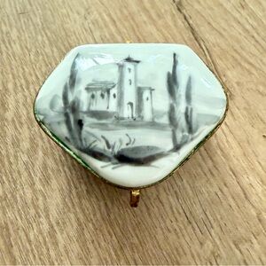 RARE Vintage Peint Main Limoges France Trinket Box, Black White Village Painting